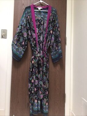 Diamond Tea Floral Maxi Kimono Robe with Magenta Trim, sz XL